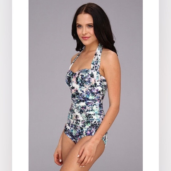 Badgley Mischka Fiona shirred halter mailott one piece in white floral. Size 10 - Picture 1 of 13